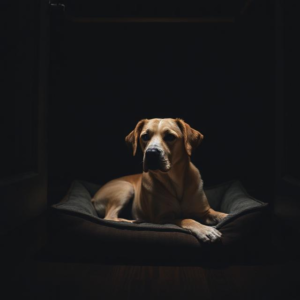 A dog sitting in a dark space or room