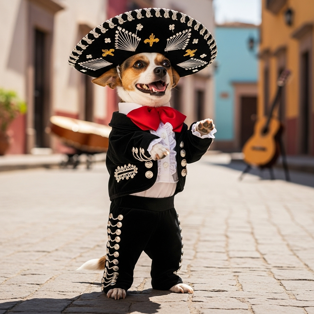 Dog in mariachi costume on street.