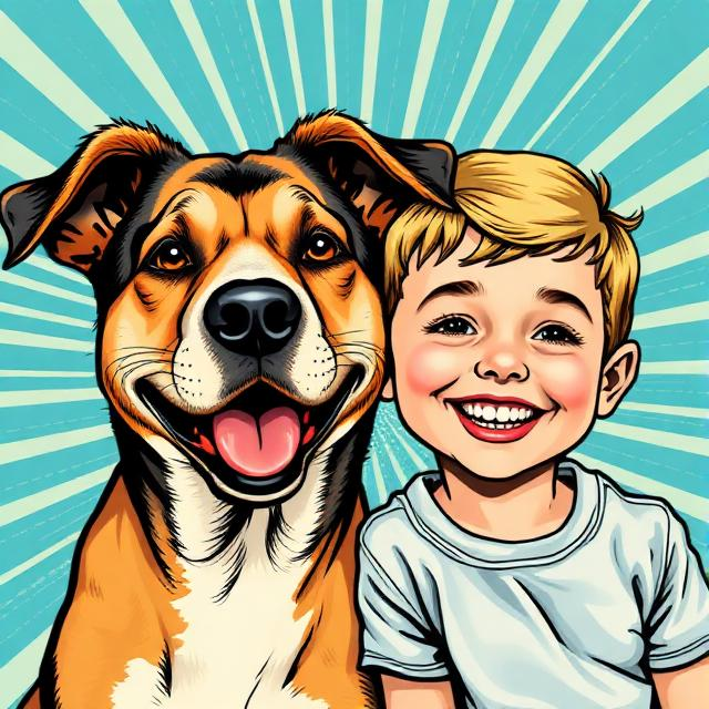 a picture of a dog and a toddler smiling