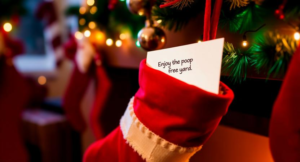 a Christmas stocking with an envelope that says "Enjoy the poop free yard"