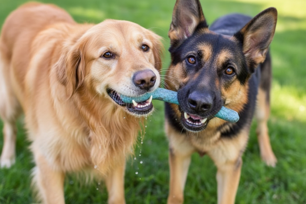 Two dogs playing with the same toy showing the Benefits of Having Multiple Dogs