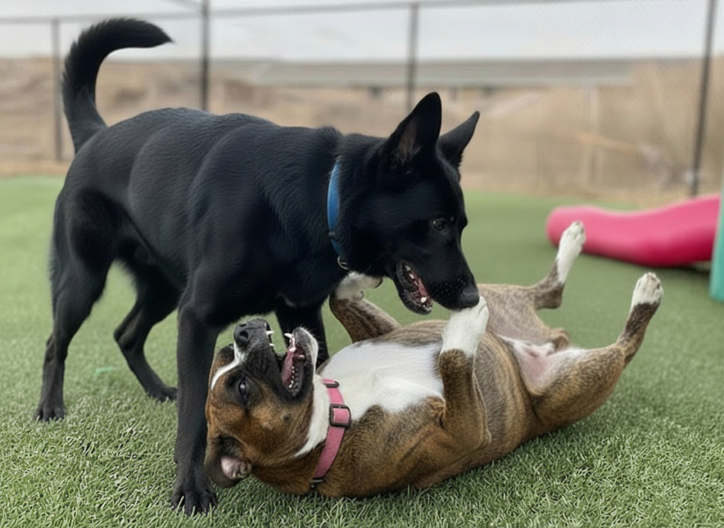 2 dogs playing with each other showing the benefits of having multiple dogs