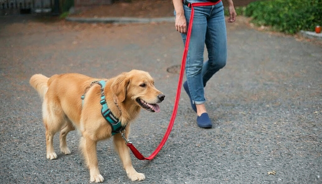 a picture showing a dog with a dog leash around the waist.